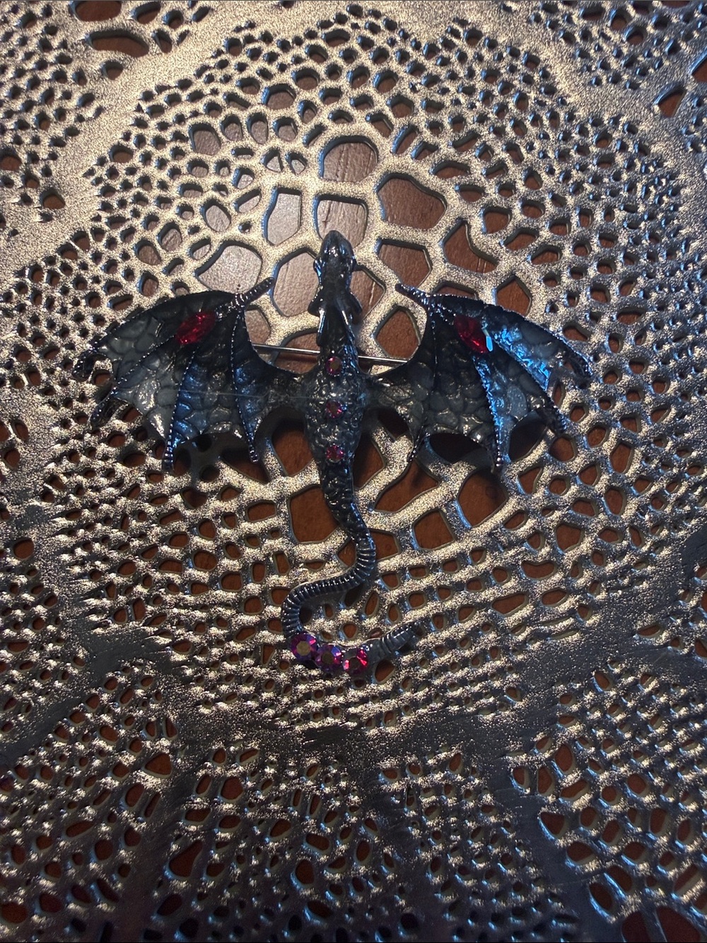 Black Gothic Dragon Brooch with Red Accents
